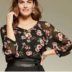 CAbi Garden Black Floral V-neck A-Line 3/4 Balloon Sleeve Top L EUC